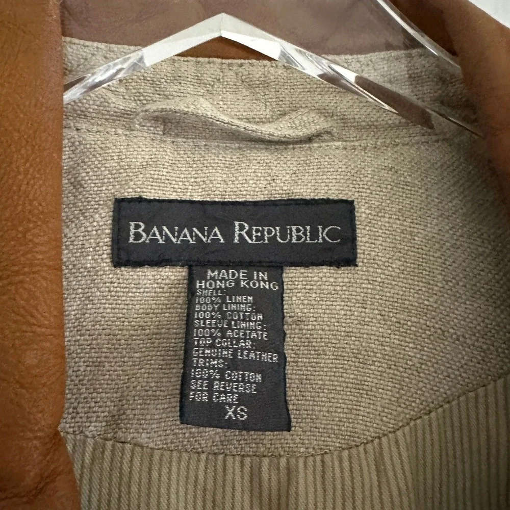 Vtg Banana Republic Safari‎ Jacket Mens XS Beige Linen Leather Collar Field Coat